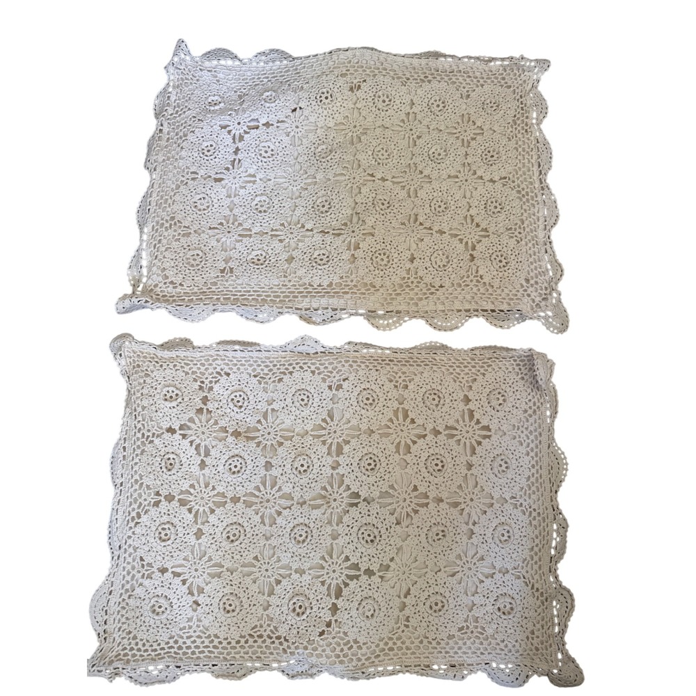 Vintage Style Cream Cotton Crochet Floral Medallion Pillow Shams Set of 2 24x16